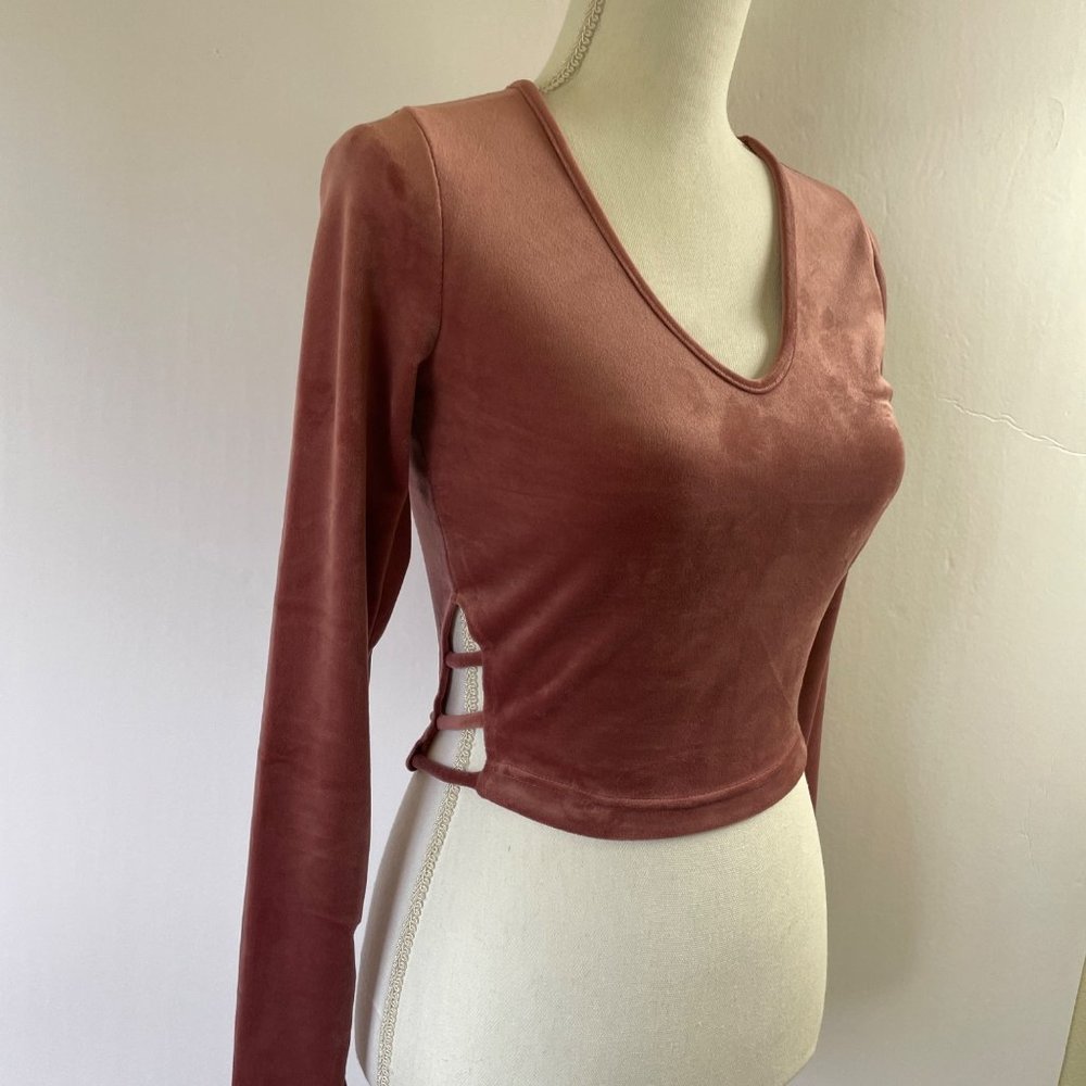 Kyoto Crop Top Long Sleeve Dusty Rose Gold Pink Velour Shirt S